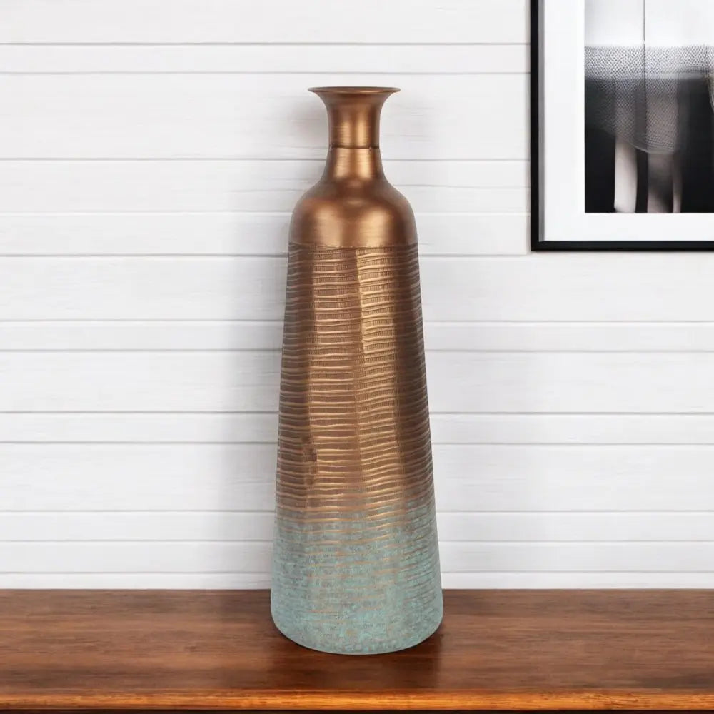 24" Copper And Teal Abstract Tapered Metal Table Vase HomeRoots
