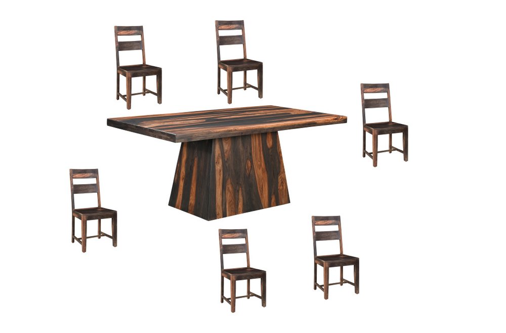 Seven Piece Dark Brown Solid Wood Dining Set with Six Chairs