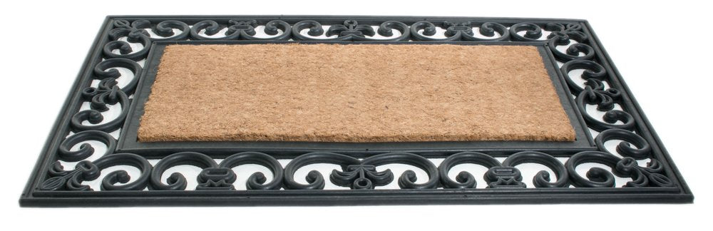 18" X 30" Beige and Black Rubber and Coir Outdoor Door Mat