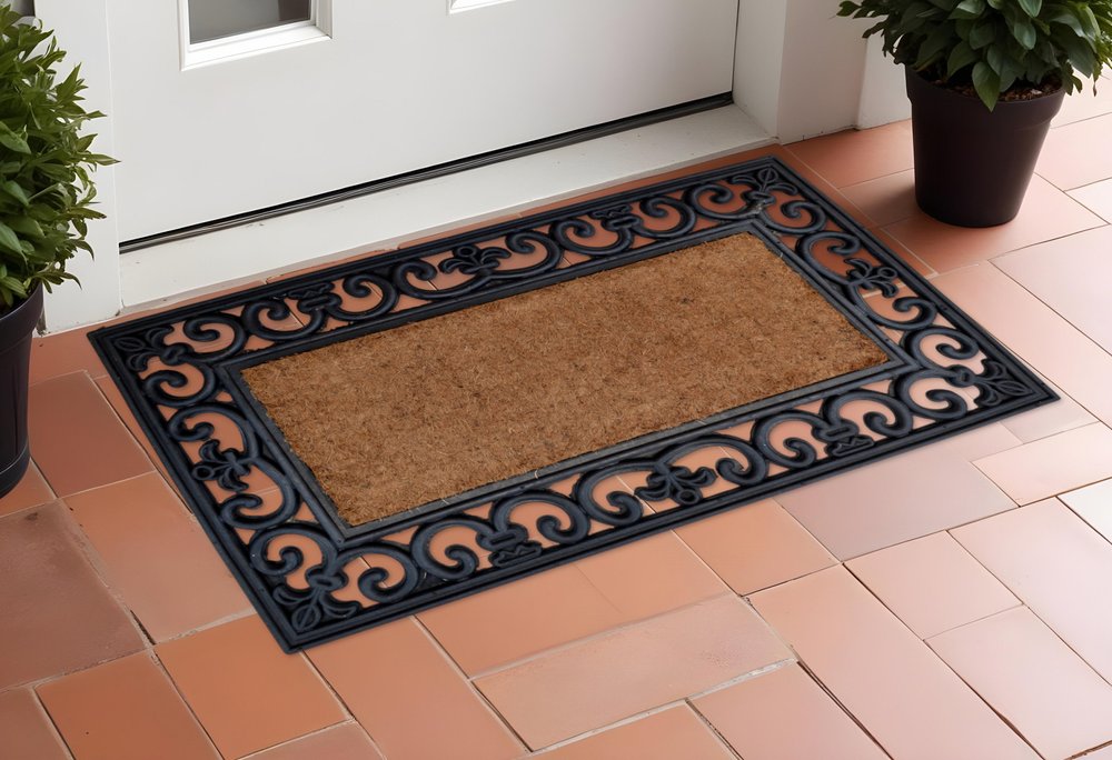 18" X 30" Beige and Black Rubber and Coir Outdoor Door Mat