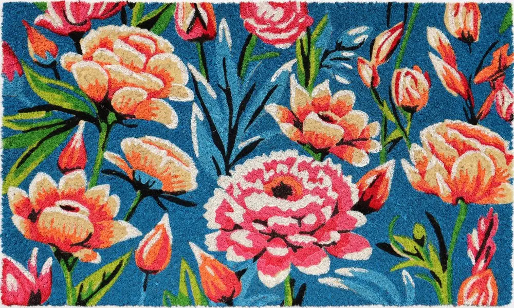 18" X 30" Blue and Pink Coir Floral Outdoor Door Mat HomeRoots