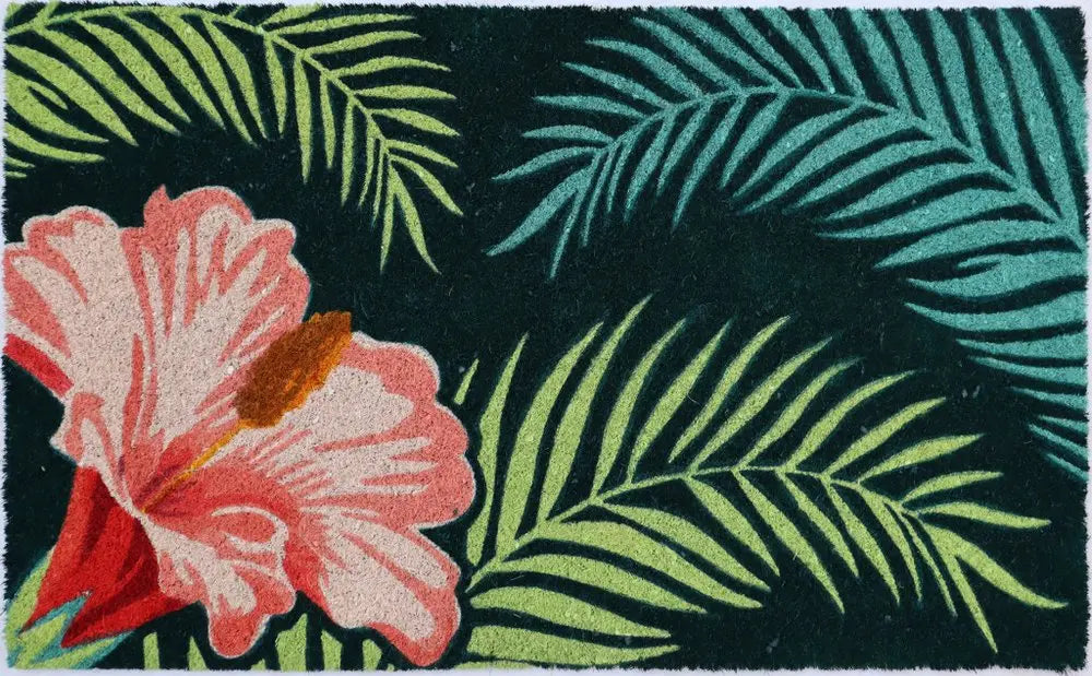 18" X 30" Blue and Pink Coir Tropical Outdoor Door Mat HomeRoots
