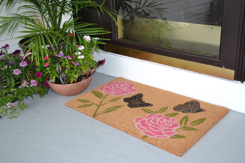 18" X 30" Beige and Pink Coir Floral Outdoor Door Mat