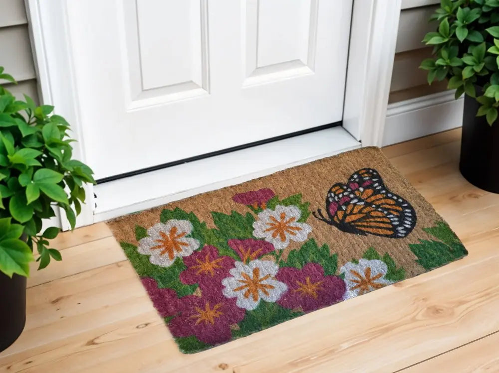 18" X 30" Brown and White Coir Floral Outdoor Door Mat HomeRoots
