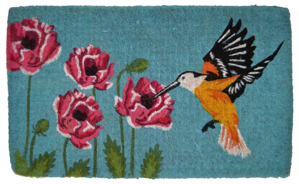 18" X 30" Blue Orange and Green Coir Hummingbird Outdoor Door Mat
