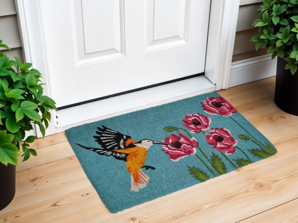 18" X 30" Blue Orange and Green Coir Hummingbird Outdoor Door Mat