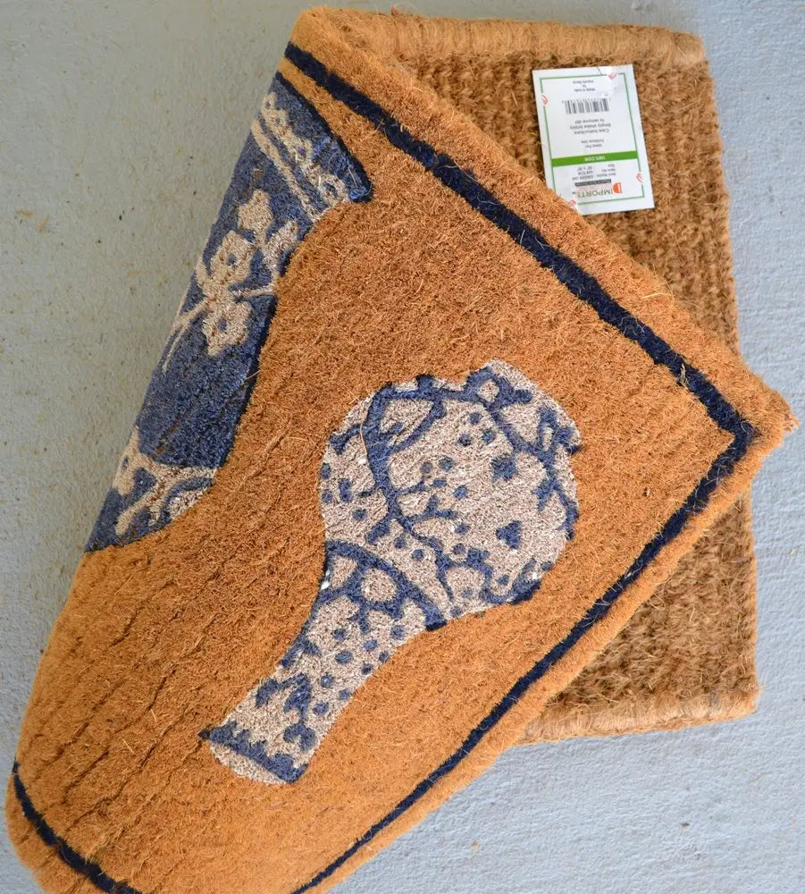 20" X 30" Brown Blue And White Chinoiserie Coir Abstract Outdoor Door Mat HomeRoots