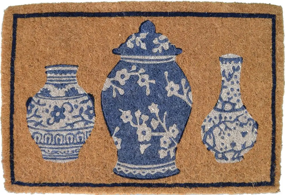 20" X 30" Brown Blue And White Chinoiserie Coir Abstract Outdoor Door Mat HomeRoots