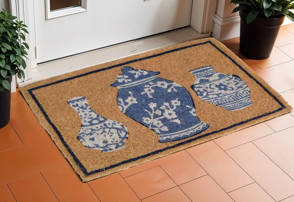 20" X 30" Brown Blue And White Chinoiserie Coir Abstract Outdoor Door Mat HomeRoots