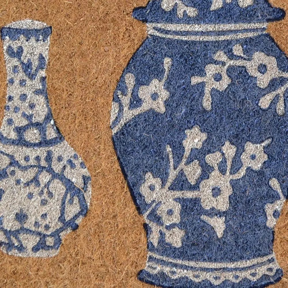 20" X 30" Brown Blue And White Chinoiserie Coir Abstract Outdoor Door Mat HomeRoots