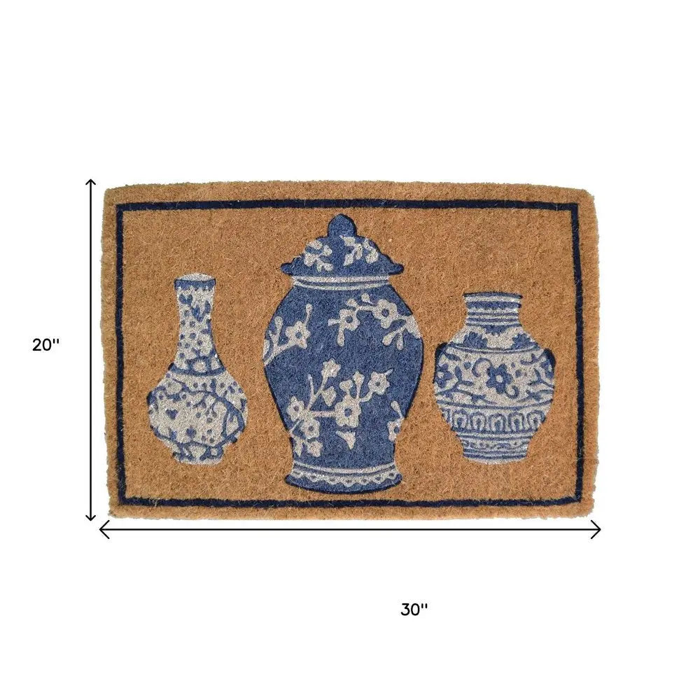 20" X 30" Brown Blue And White Chinoiserie Coir Abstract Outdoor Door Mat HomeRoots