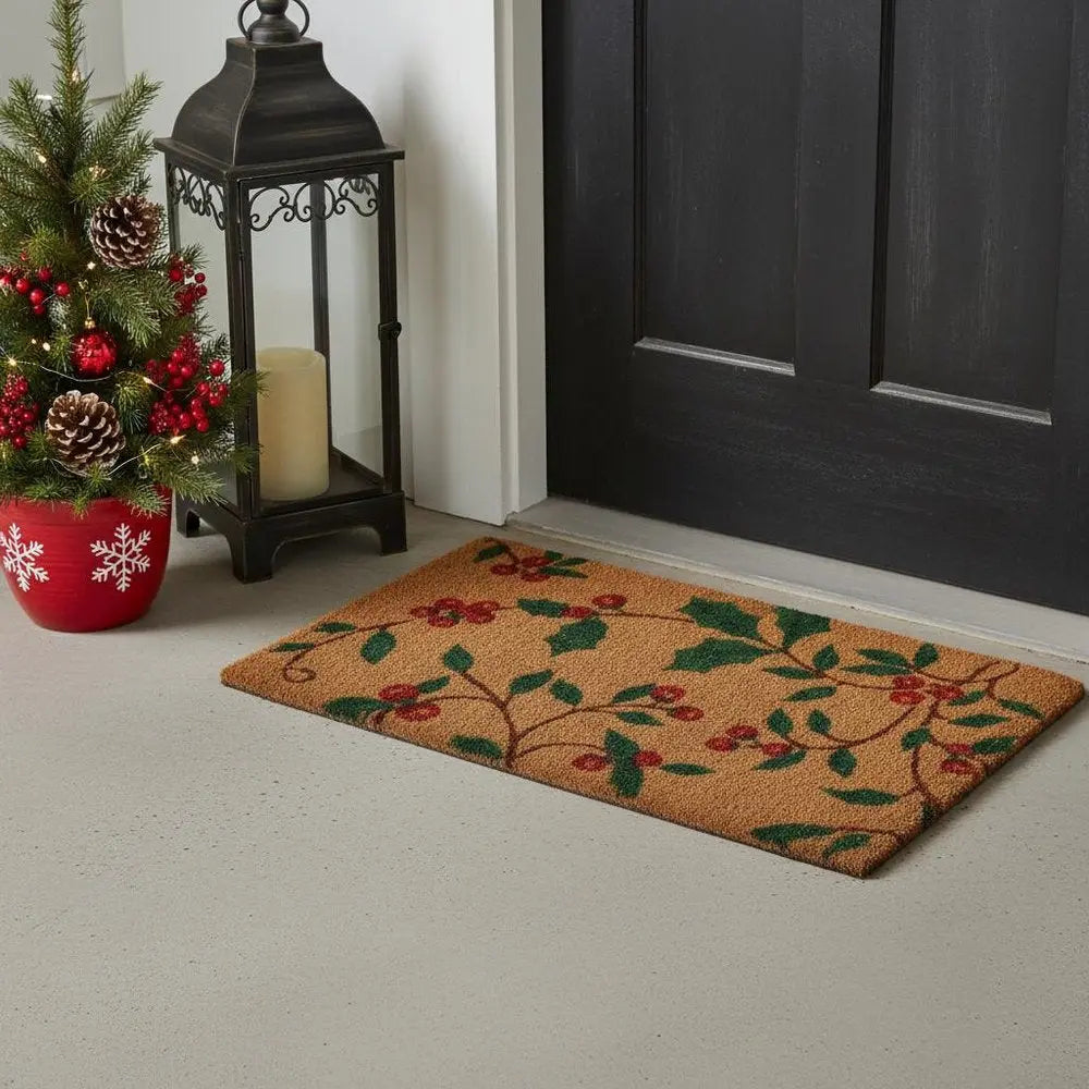 Felpudo navideño para exteriores de fibra de coco marrón y verde de 45 x 76 cm