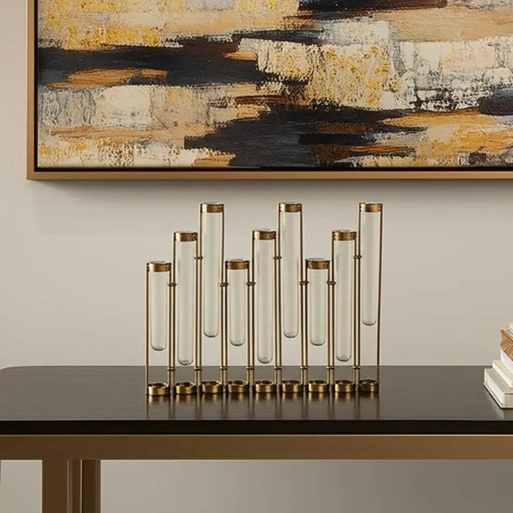 17" Bronze And Clear Enameled Cast Iron And Glass Nine Bloom Table Vase HomeRoots