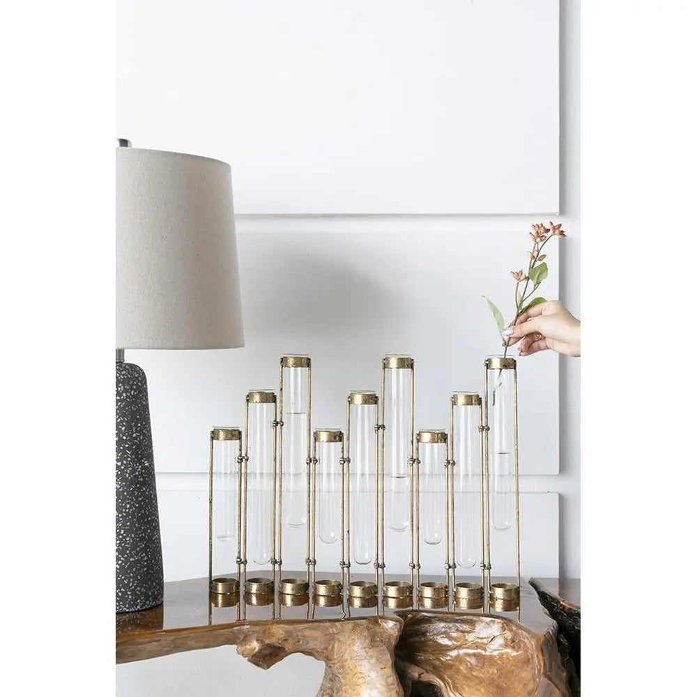 17" Bronze And Clear Enameled Cast Iron And Glass Nine Bloom Table Vase HomeRoots