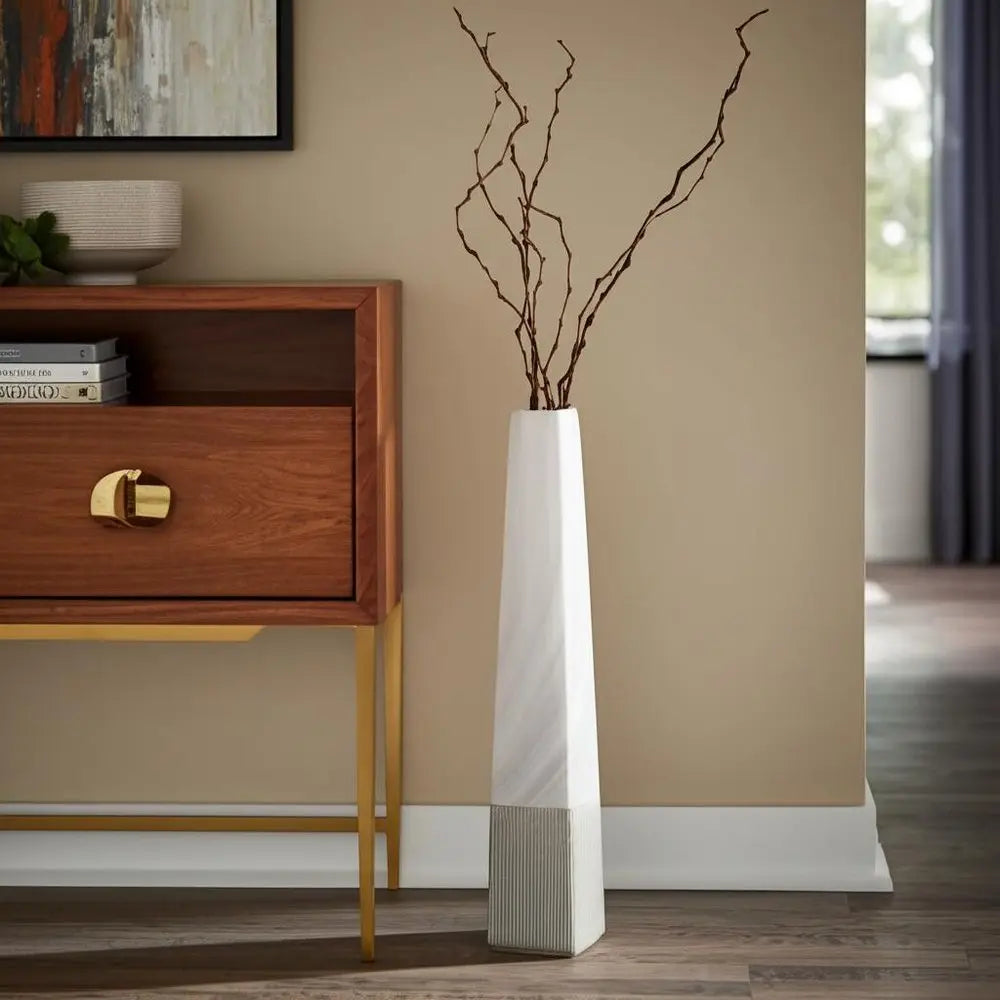 32" White Faceted Geometric Tapered Ceramic Floor Vase HomeRoots