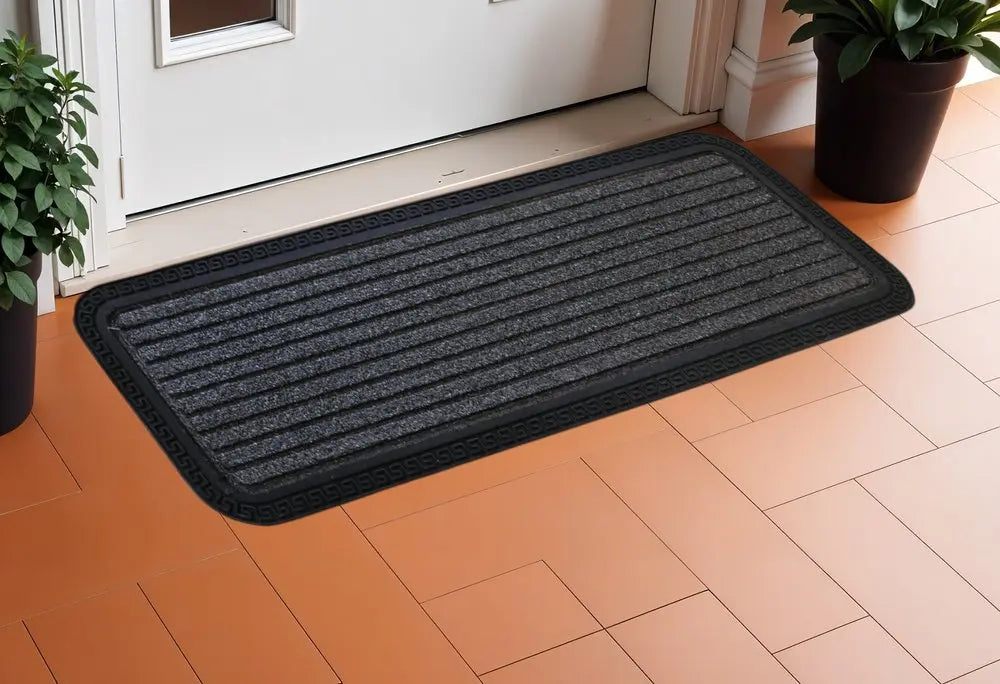 10" X 30" Gray Synthetic Fiber Striped Outdoor Door Mat HomeRoots