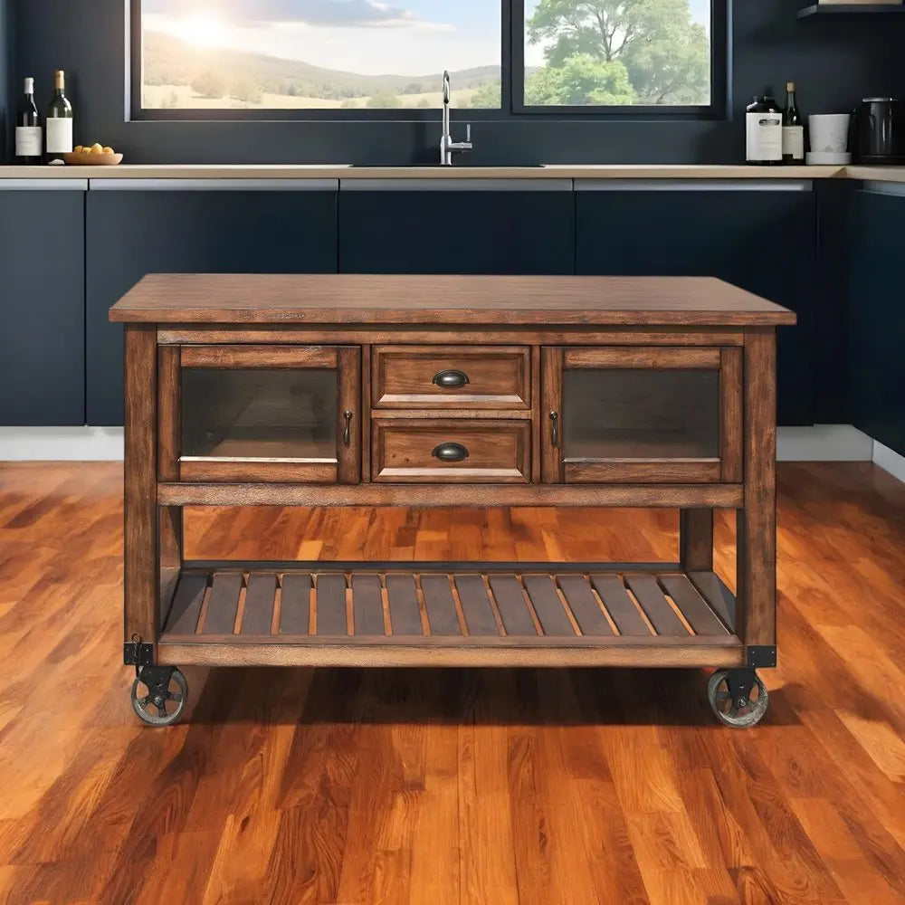 58" Rustic Brown Rolling Kitchen Cart With Storage - NOVA HOME FURNITURE