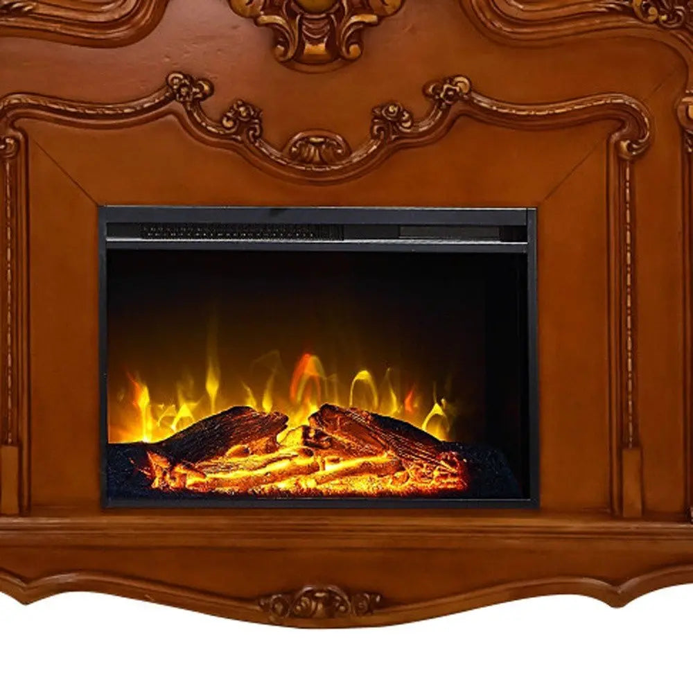 59" Brown Wood Ornate Carved Scrollwork Electric Fireplace With Mantle - NOBLE HOME INTERIORS
