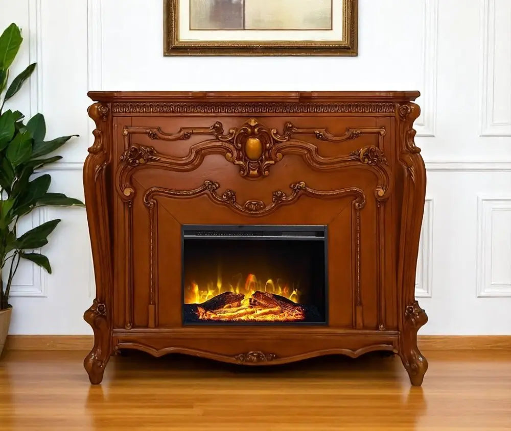 59" Brown Wood Ornate Carved Scrollwork Electric Fireplace With Mantle - NOBLE HOME INTERIORS