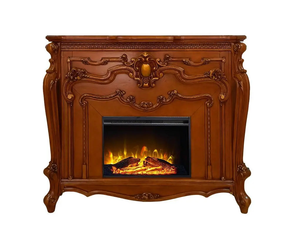59" Brown Wood Ornate Carved Scrollwork Electric Fireplace With Mantle - NOBLE HOME INTERIORS