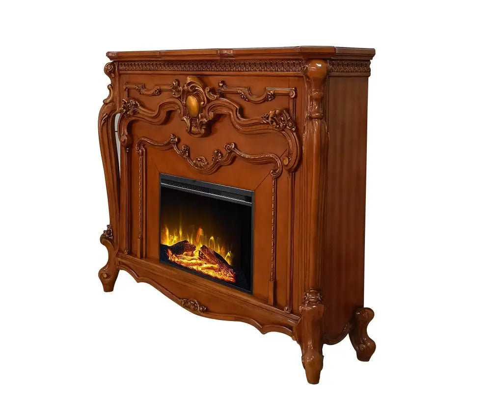 59" Brown Wood Ornate Carved Scrollwork Electric Fireplace With Mantle - NOBLE HOME INTERIORS
