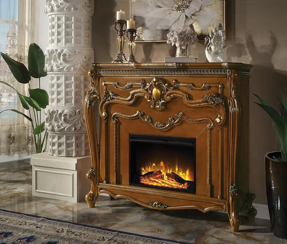 59" Brown Wood Ornate Carved Scrollwork Electric Fireplace With Mantle - NOBLE HOME INTERIORS