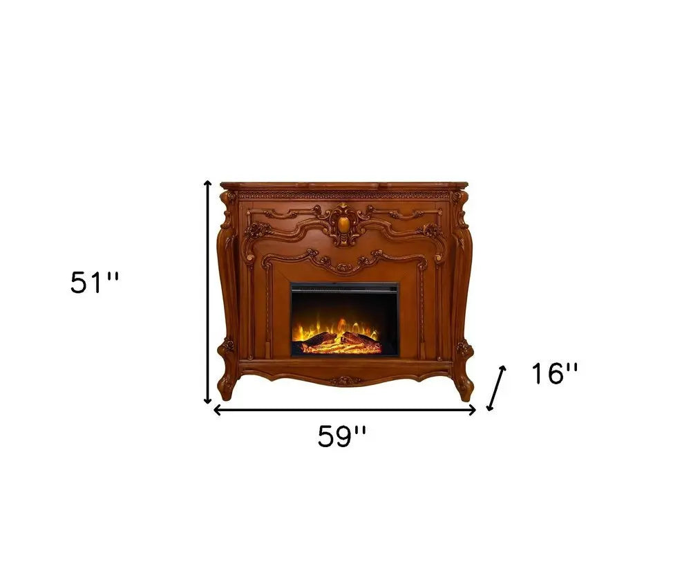 59" Brown Wood Ornate Carved Scrollwork Electric Fireplace With Mantle - NOBLE HOME INTERIORS