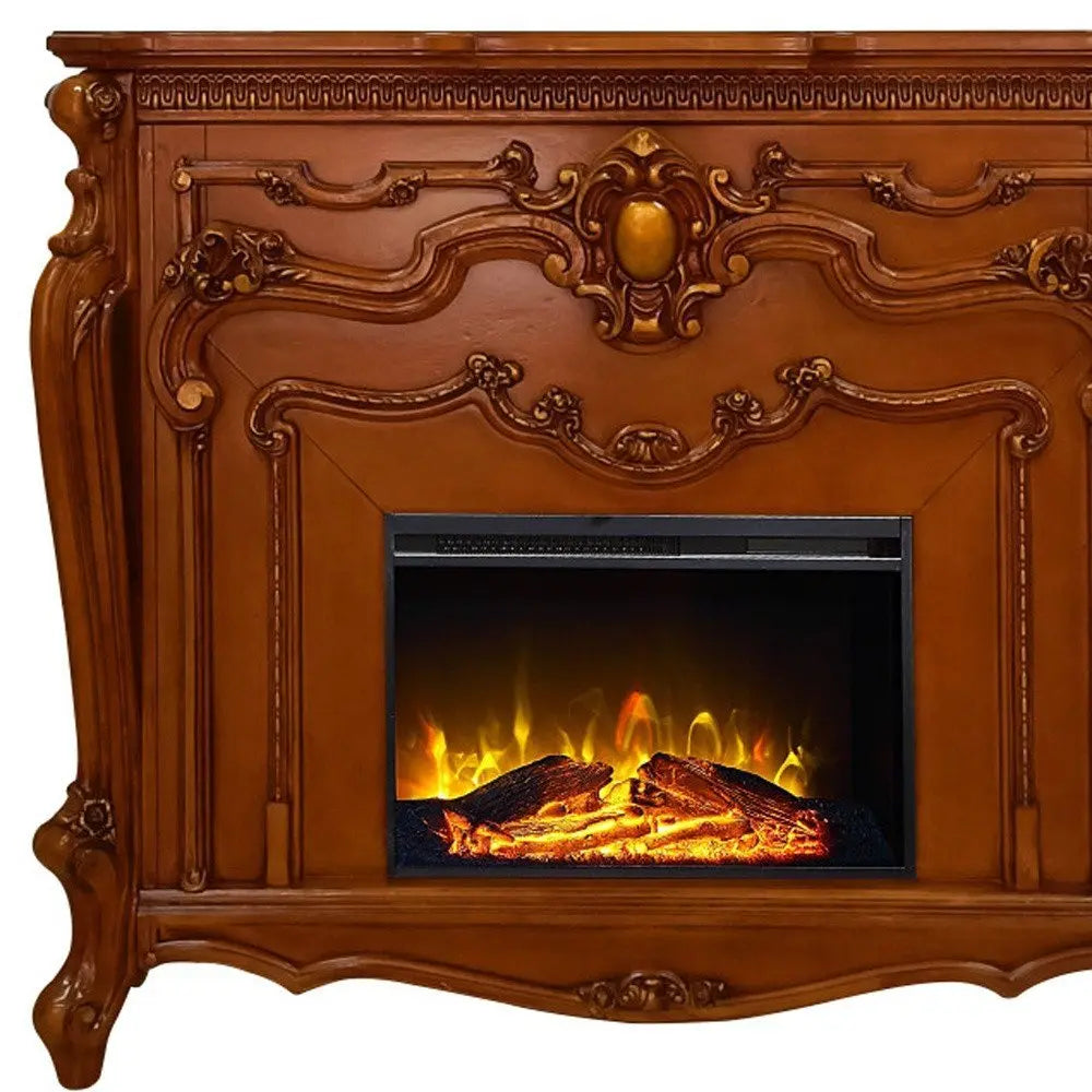 59" Brown Wood Ornate Carved Scrollwork Electric Fireplace With Mantle - NOBLE HOME INTERIORS