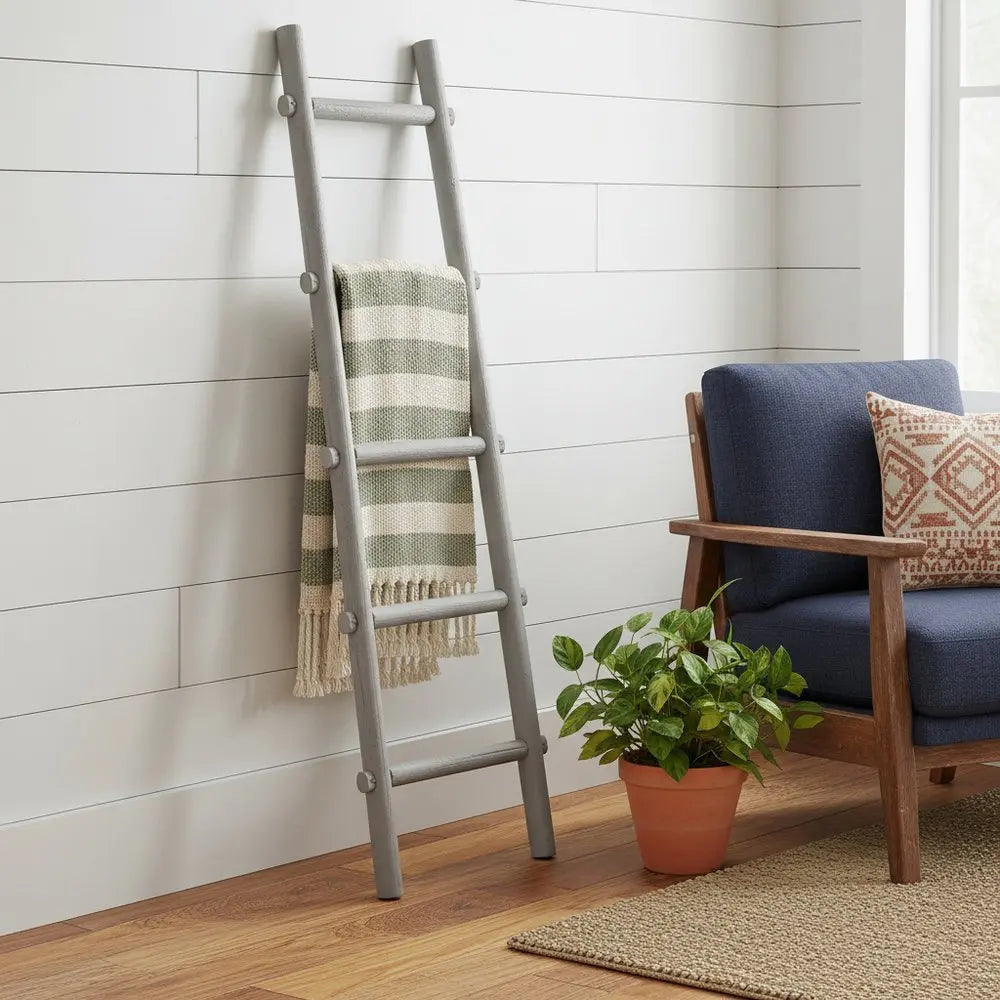59" Gray Five Step Rustic Weathered Grey Wood Ladder Shelf - NOBLE HOME INTERIORS