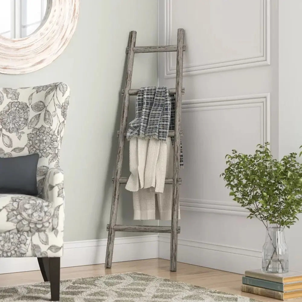 59" Gray Five Step Rustic Weathered Grey Wood Ladder Shelf - NOBLE HOME INTERIORS