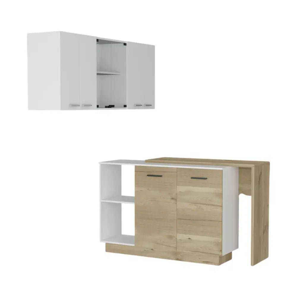 59" Natural White and Brown Wood Kitchen Island Set With Storage HomeRoots