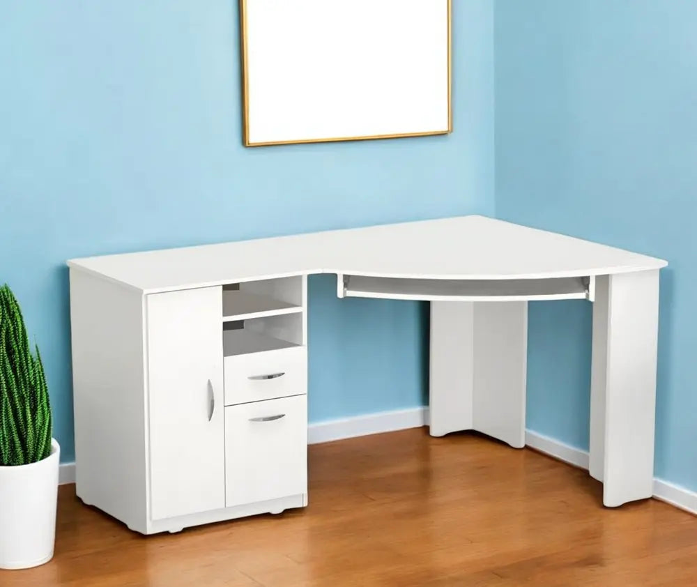 59" White Corner Computer Desk With Two Drawers - NOBLE HOME INTERIORS