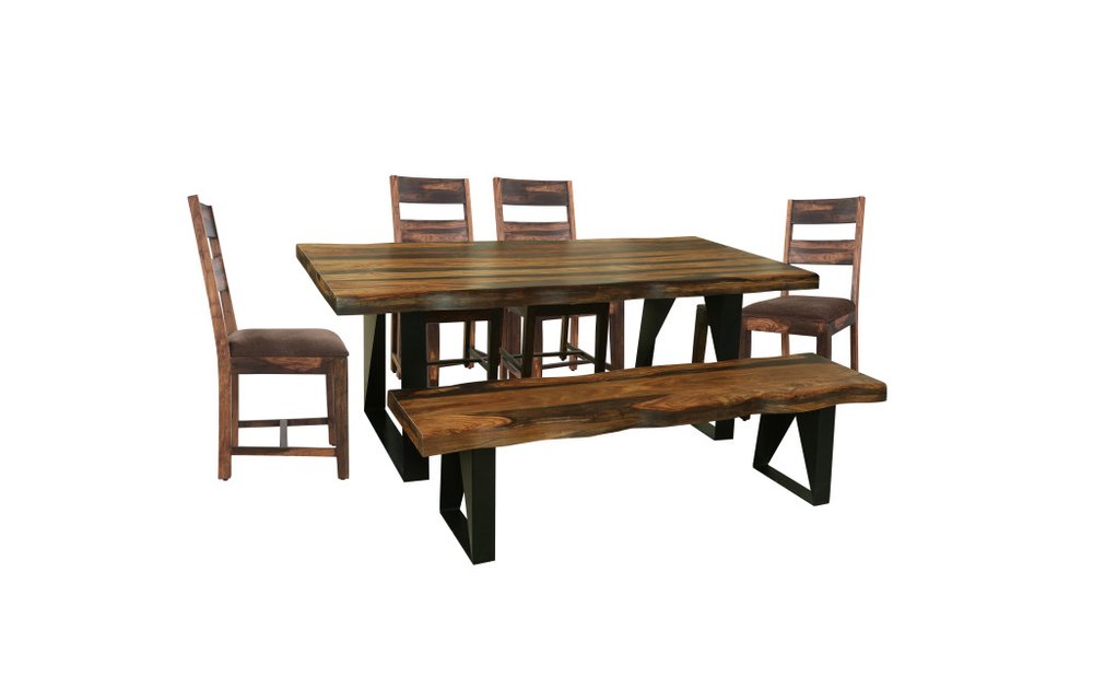 Six Piece Dark Brown and Black Solid Wood Dining Set with Four Chairs