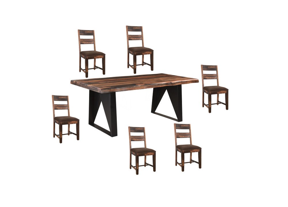 Seven Piece Dark Brown and Black Solid Wood Dining Set with Six Chairs