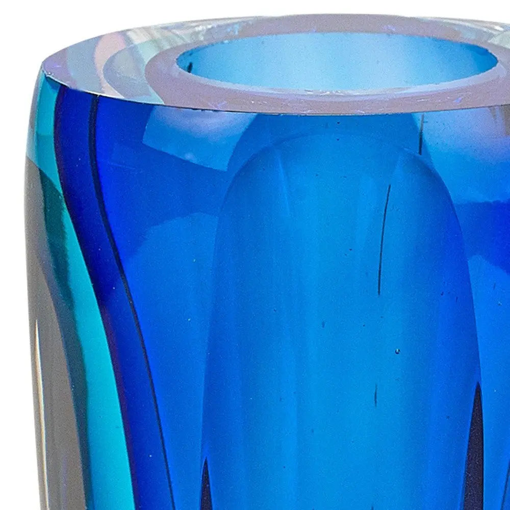 6" Blue And Clear Cylinder Crystal Glass Table Vase - NOBLE HOME INTERIORS
