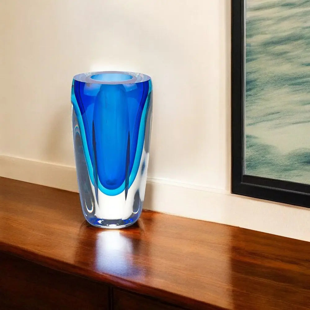 6" Blue And Clear Cylinder Crystal Glass Table Vase - NOBLE HOME INTERIORS