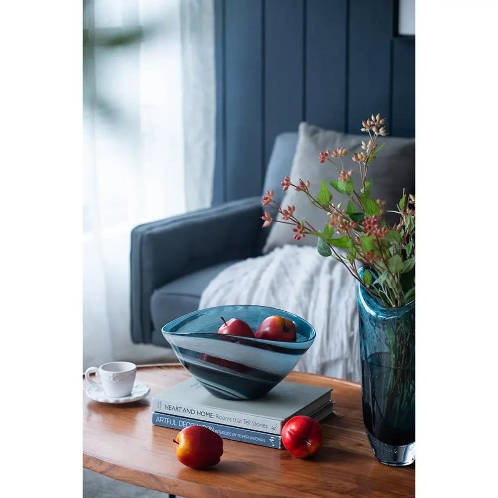 6" Blue And White Oval Glass Table Vase - NOBLE HOME INTERIORS