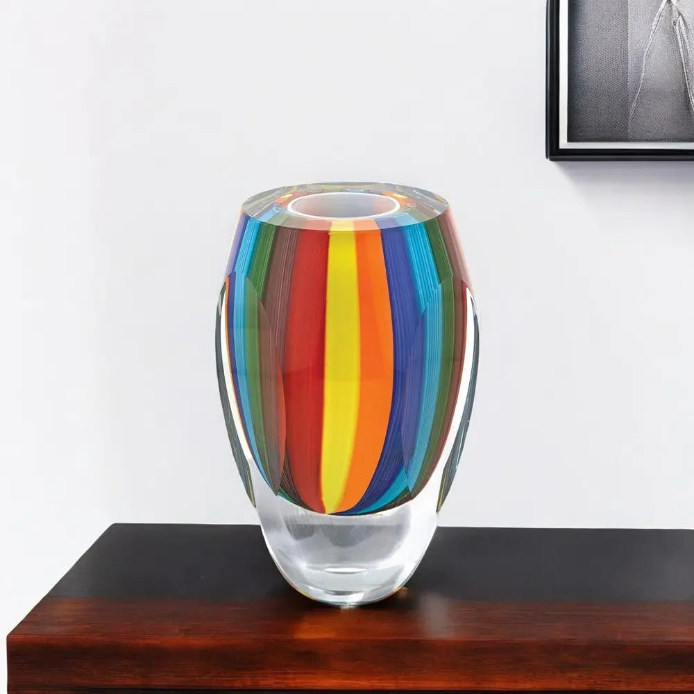 6" Blue Clear Red And Yellow Cylinder Crystal Glass Table Vase - NOBLE HOME INTERIORS