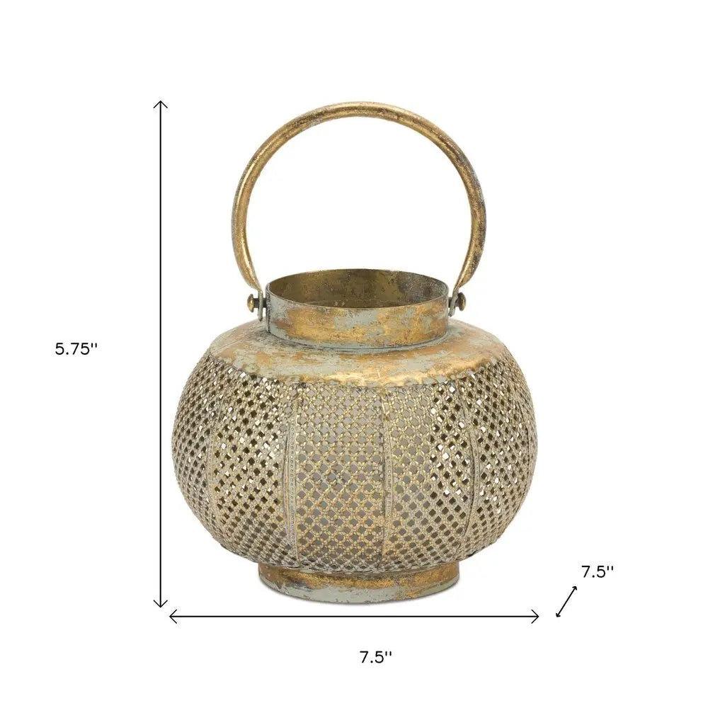6" Bronze And Green Distressed Lattice Metal Tabletop Lantern Candle Holder - NOBLE HOME INTERIORS