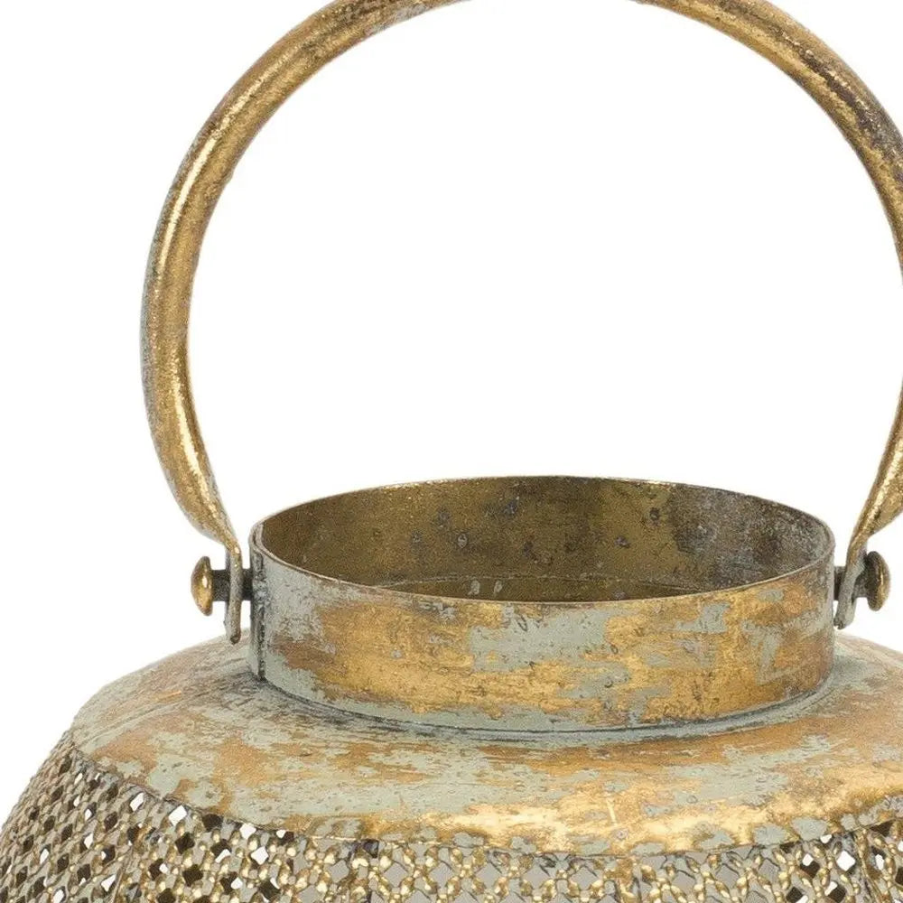 6" Bronze And Green Distressed Lattice Metal Tabletop Lantern Candle Holder - NOBLE HOME INTERIORS