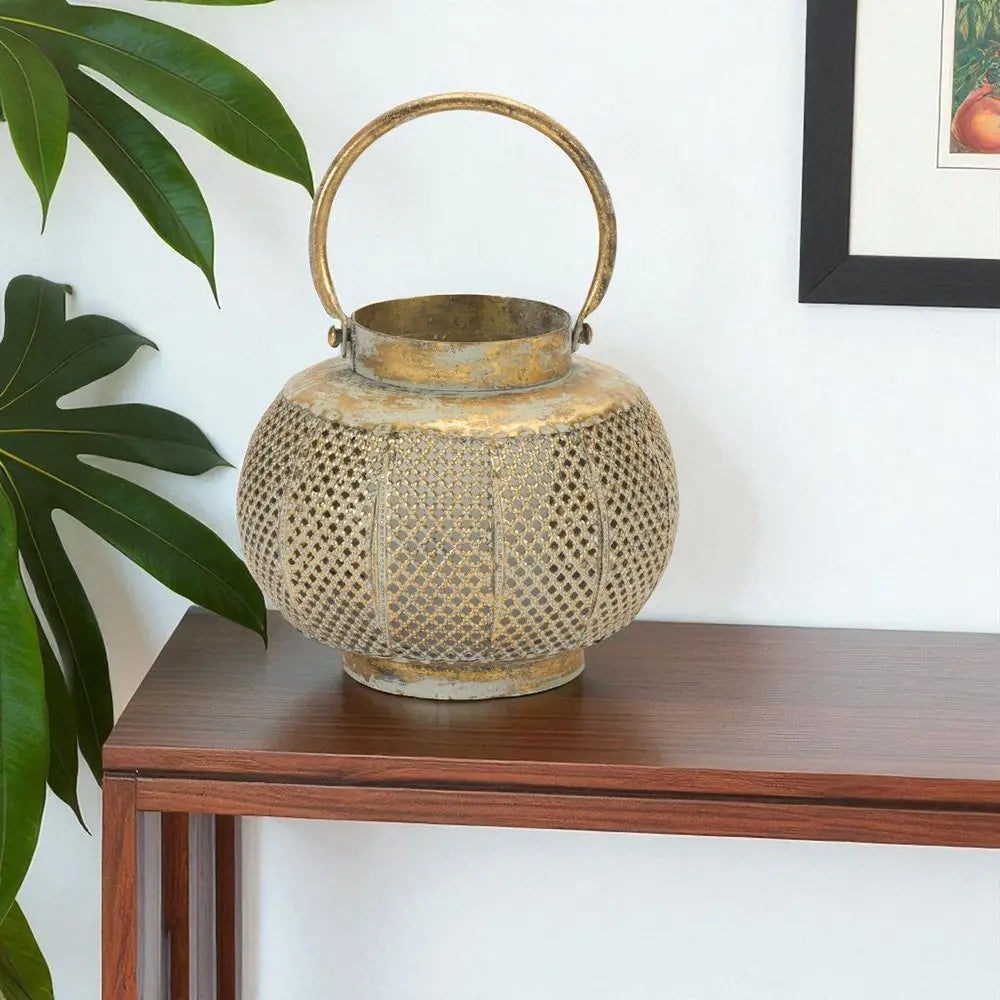 6" Bronze And Green Distressed Lattice Metal Tabletop Lantern Candle Holder - NOBLE HOME INTERIORS