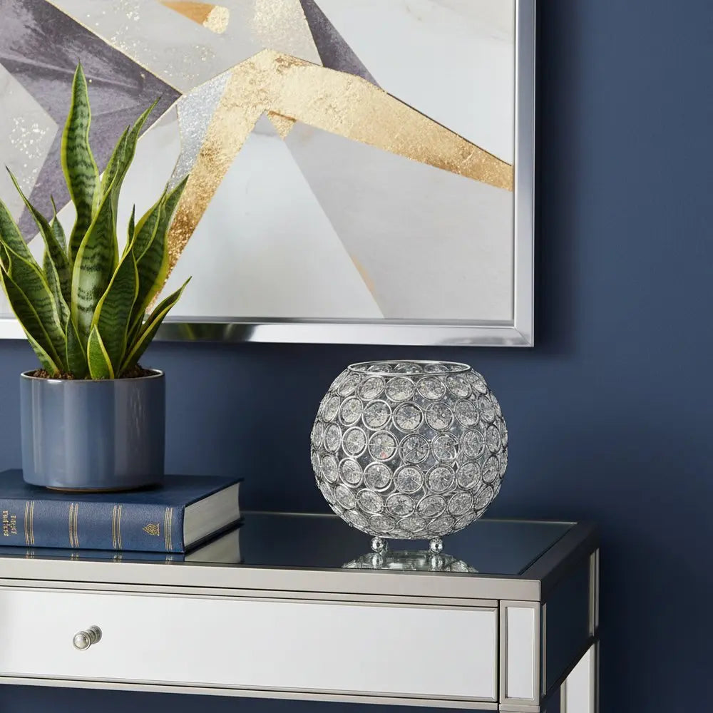 6" Clear And Silver Faux Crystal And Metal Round Table Vase - NOBLE HOME INTERIORS