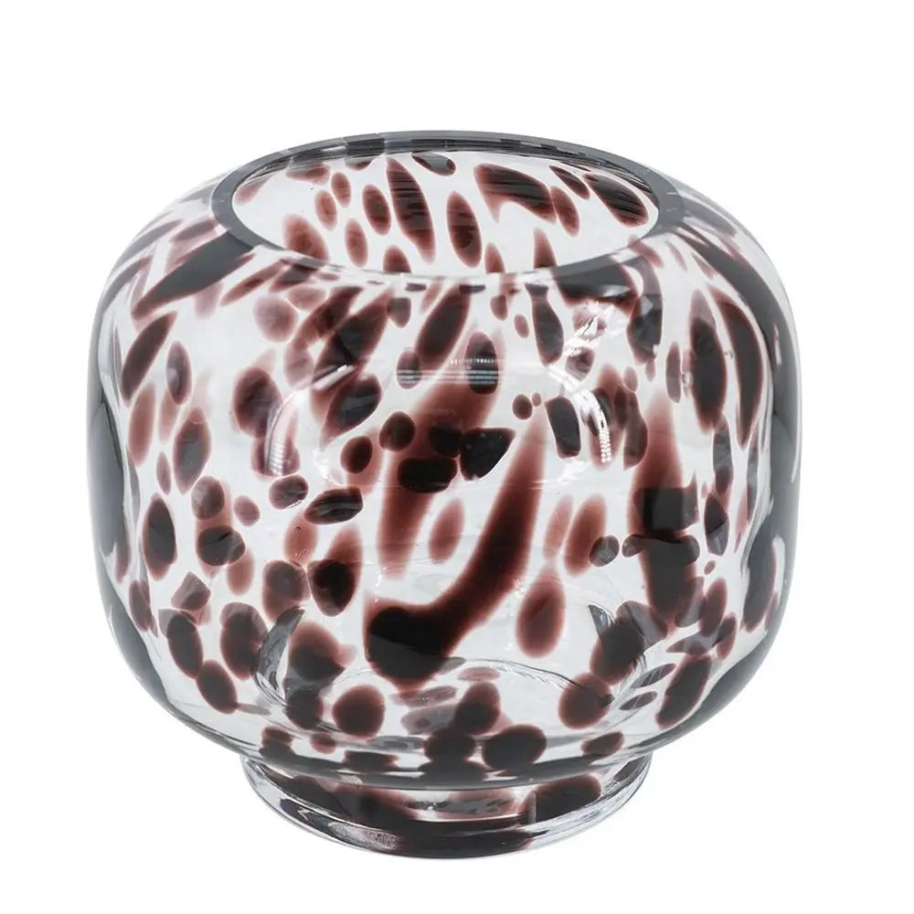 6" Clear Burgundy And Black Abstract Round Glass Table Vase - NOBLE HOME INTERIORS