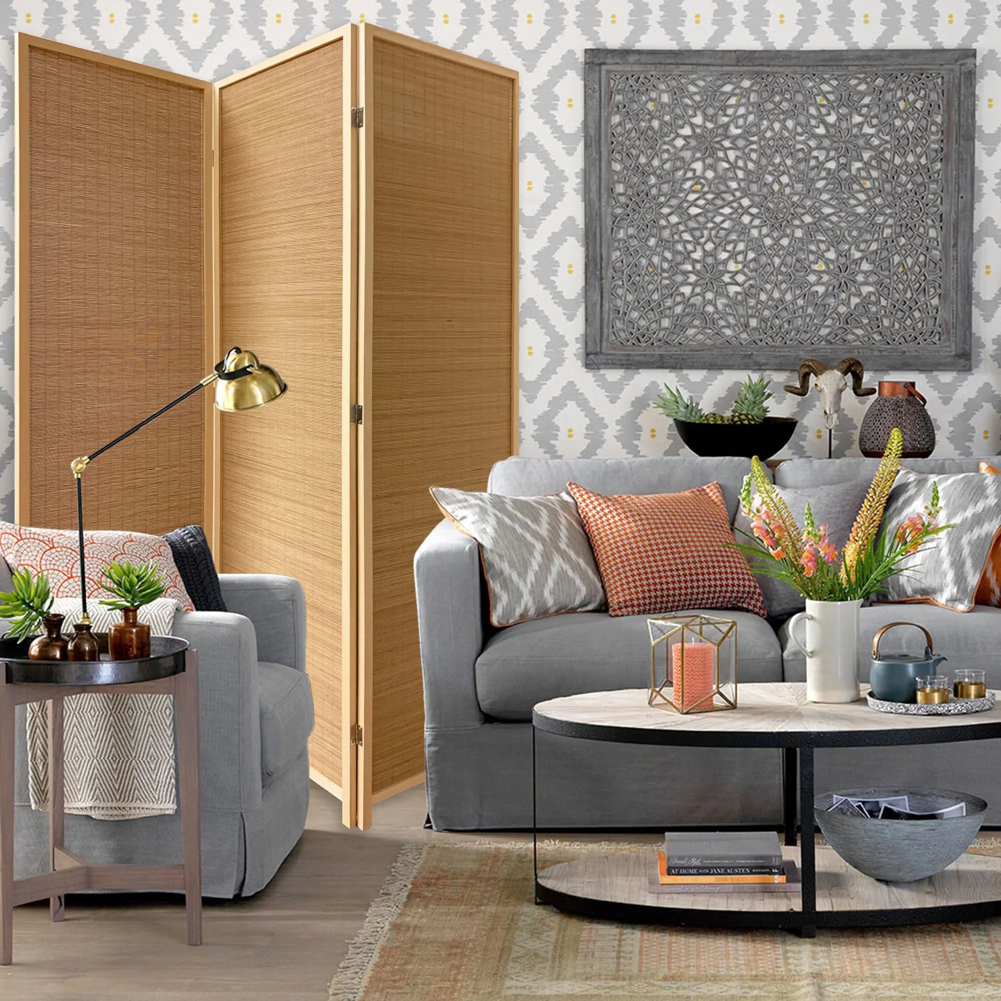6" Light Bamboo 3 Panel Room Divider Screen - NOBLE HOME INTERIORS