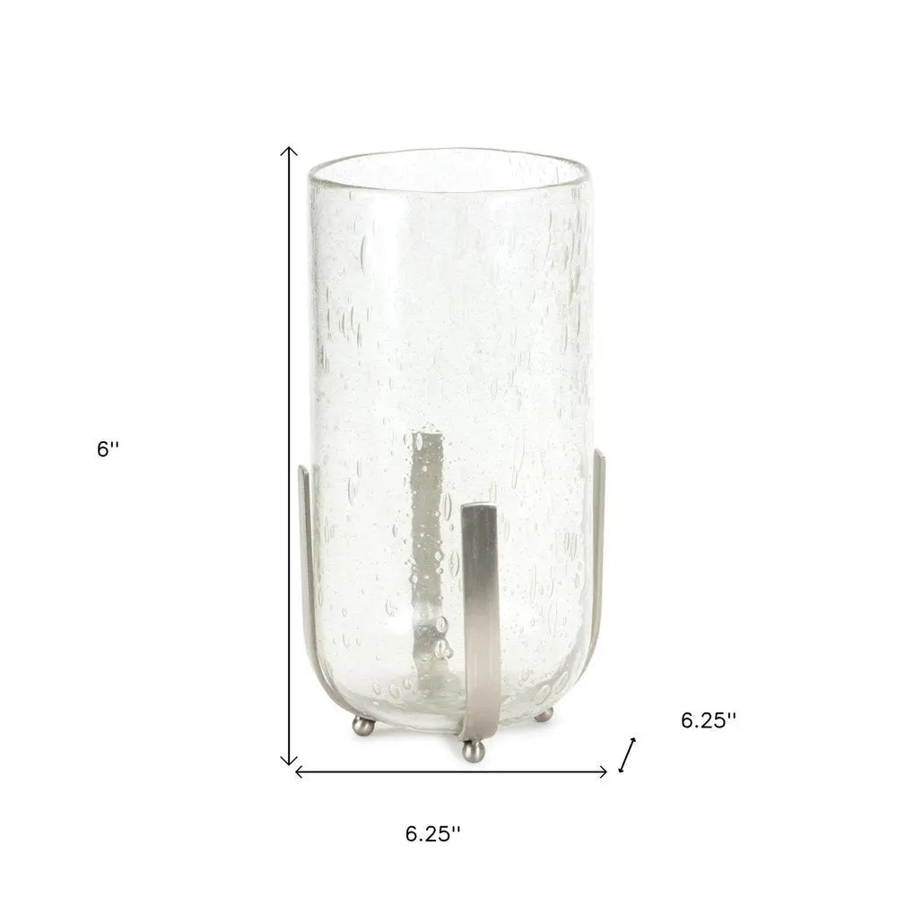 6" Silver And Clear Metal And Glass Tabletop Hurricane Candle Holder - NOBLE HOME INTERIORS