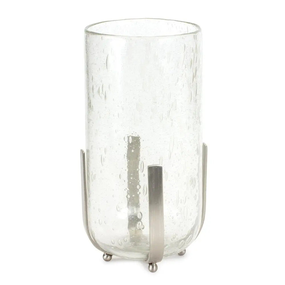 6" Silver And Clear Metal And Glass Tabletop Hurricane Candle Holder - NOBLE HOME INTERIORS