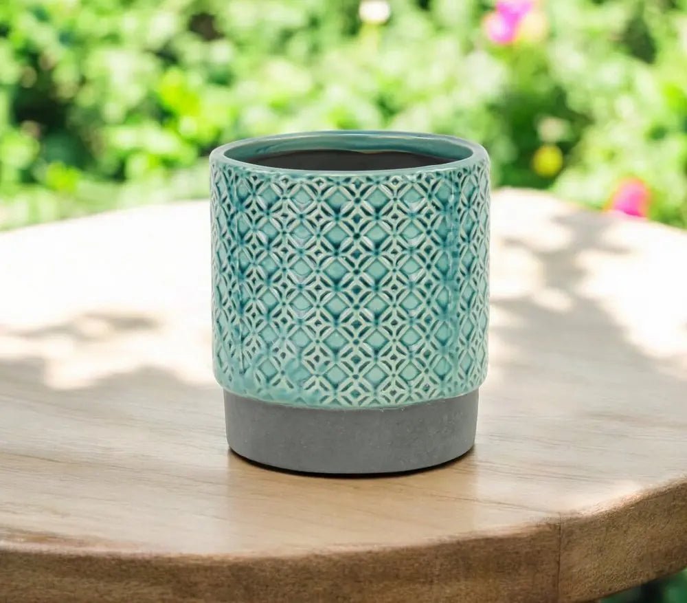 6" Turquoise Geometric Ceramic Indoor Outdoor Round Pot Planter - NOBLE HOME INTERIORS