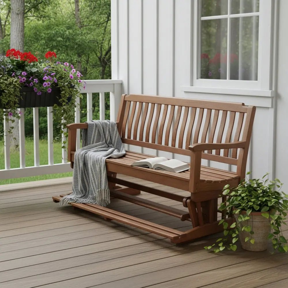 60" Brown Solid Teak Outdoor Glider Bench - NOBLE HOME INTERIORS