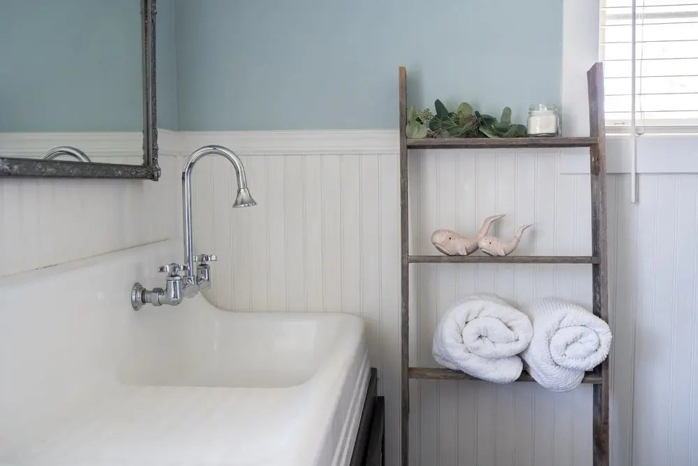 60" Gray Rustic Five Step Wood Ladder Shelf - NOBLE HOME INTERIORS