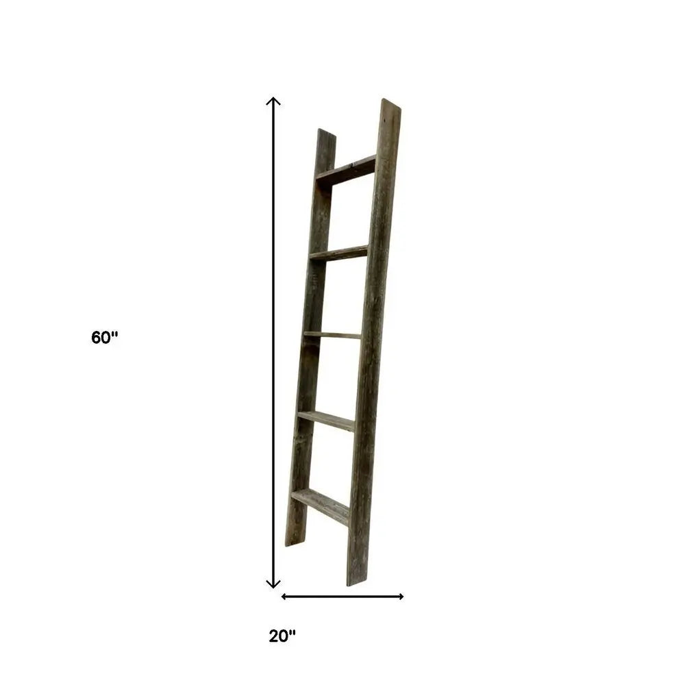 60" Gray Rustic Five Step Wood Ladder Shelf - NOBLE HOME INTERIORS
